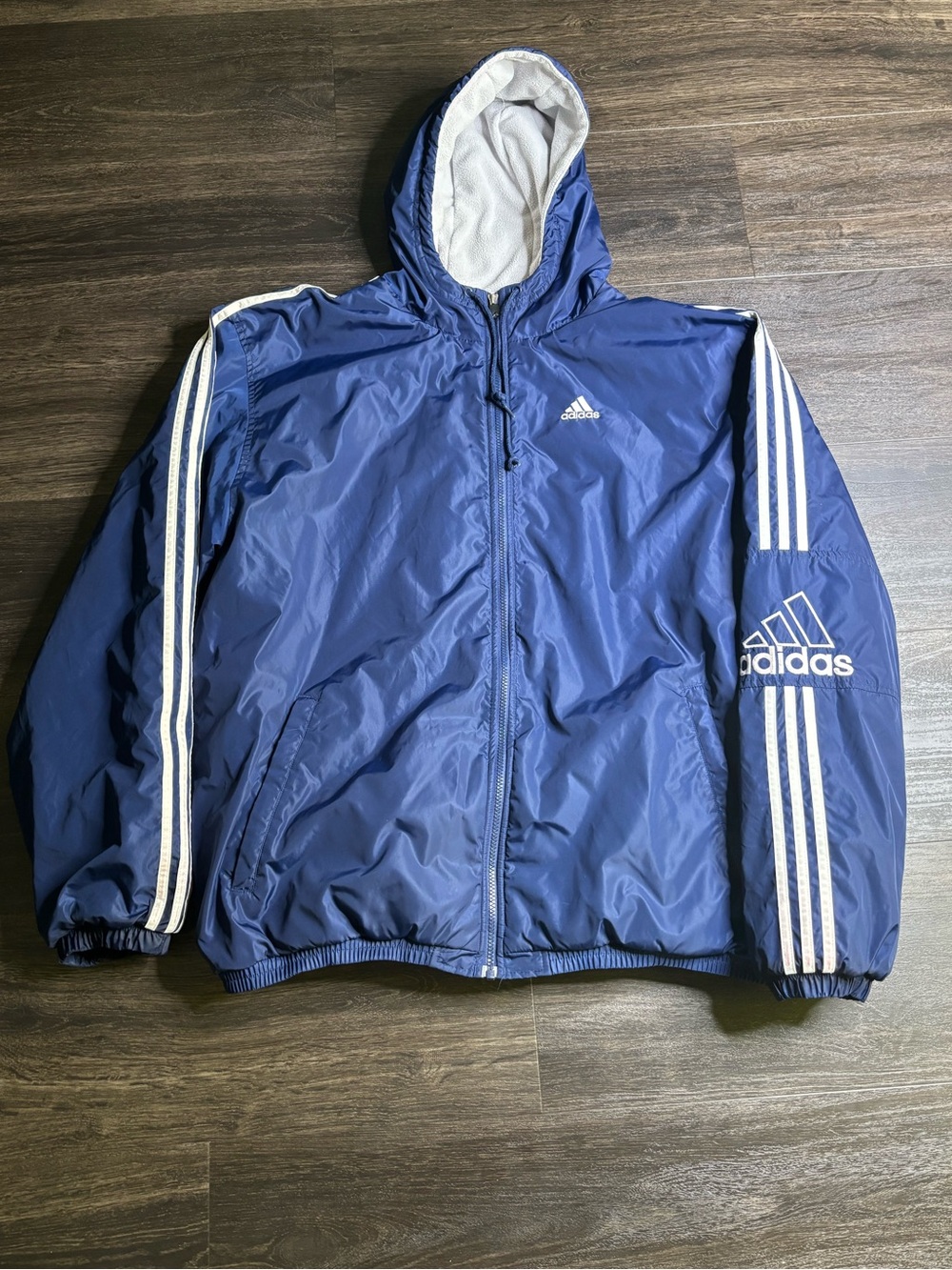 Vintage Adidas Puffer Navy White Jacket Hoodie Windbreaker Fleece Lined Sz XL